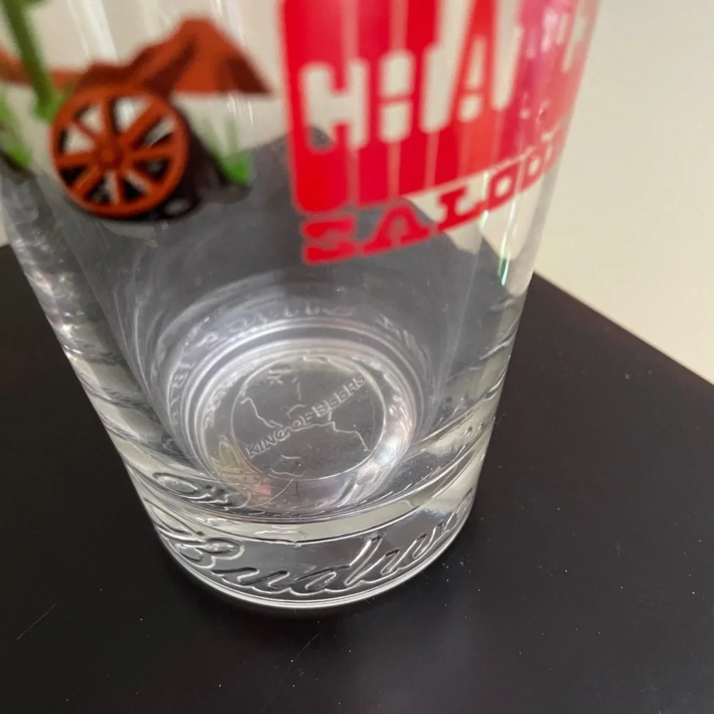 Western Budweiser Pint Beer Glass Rusty's Last Chance Saloon Cactus Wagon Wheel